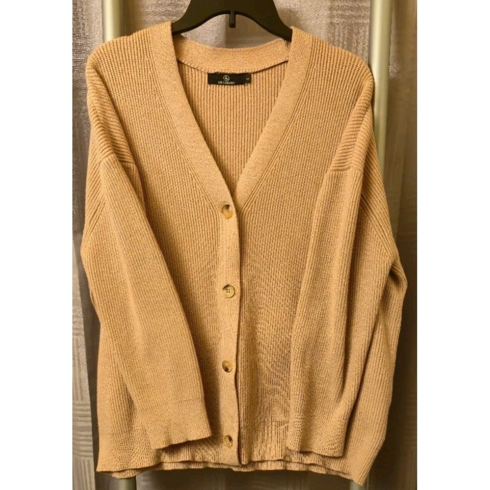 Lillusory Women's Heavy Ribbed Knit Button Front Cardigan Sweater Tan Size Large